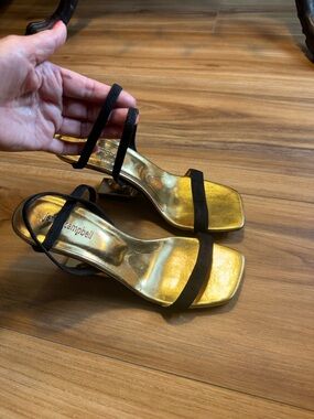 Jeffrey Campbell Black Strappy Sandals with Gold Footbed